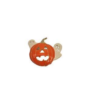 Vintage Enamel Gold Jack O Lantern Pumpkin Ghost Halloween Brooch Pin